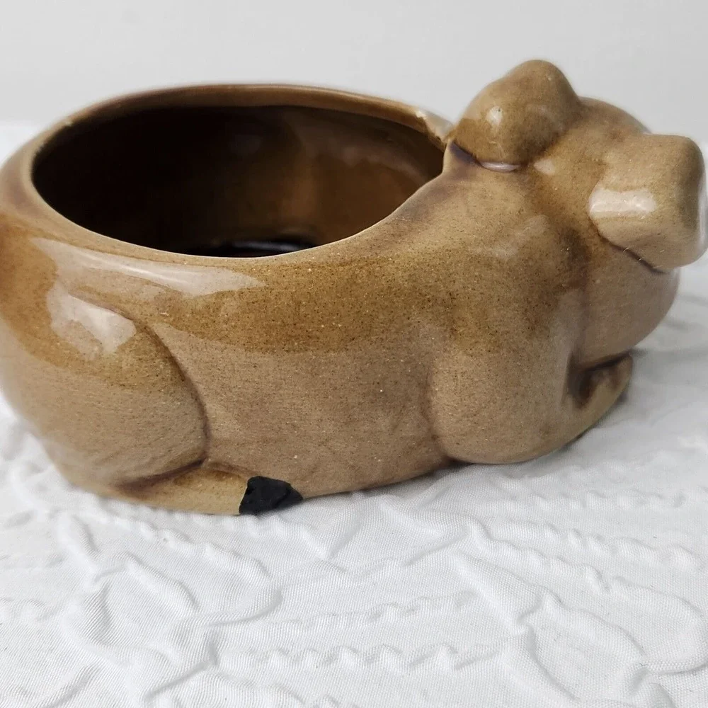 Pig Planter Small Brown Vintage Ceramic Succulent Pot Animal Decor